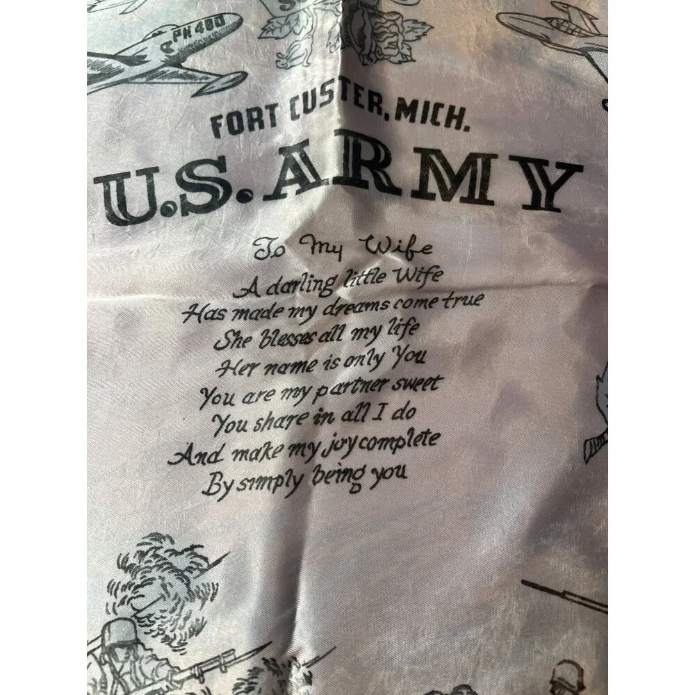 Vintage  Retro U.S. Army Fort Custer Pillow Cover Wife With Poem & Yellow Fringe